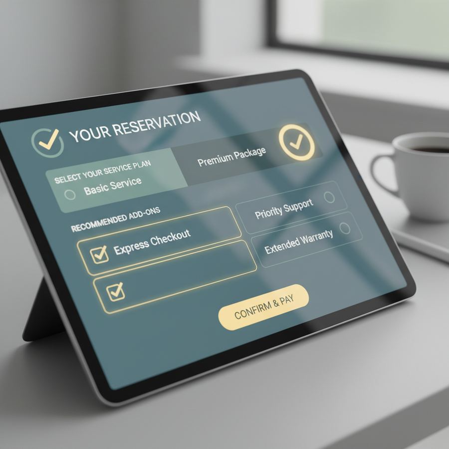 Online booking form with three pre-checked add-on services and a small gray uncheck option