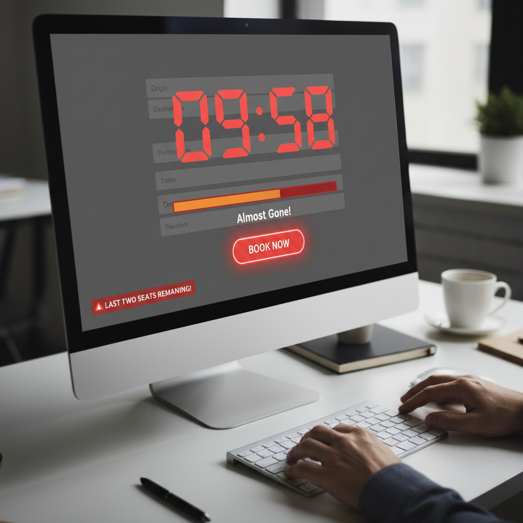 Booking page showing a countdown timer next to available appointment slots with red warning text