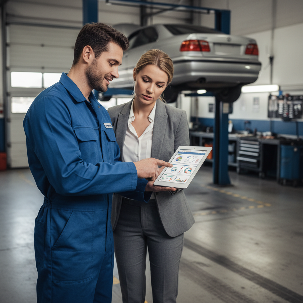 Technician using a tablet for a digital vehicle inspection